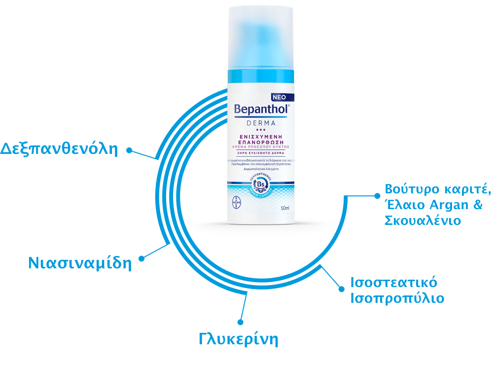 Bepanthol® Derma Ενισχυμένη Επανόρθωση Κρέμα Προσώπου Νυκτός με συστατικά: Δεξπανθενόλη, Νιασιναμίδη, Γλυκερίνη, Ισοπροπυλεστέρας Ισοστεατικός, Βούτυρο καριτέ και Αργανέλαιο